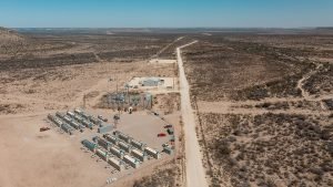 A bitcoin mining facility under construction in Fort Stockton, Texas in 2022. Photographer: Jordan Vonderhaar/Bloomberg
